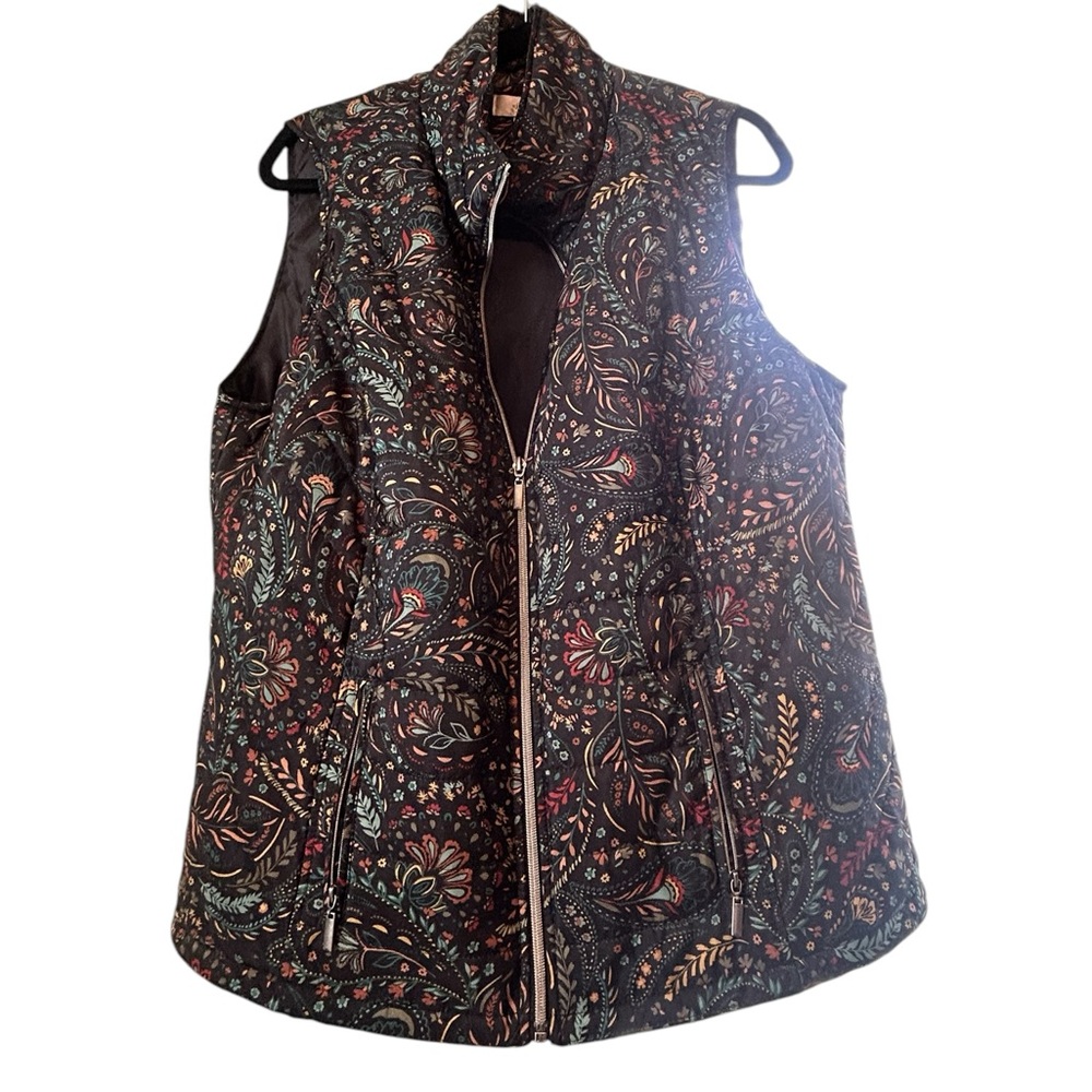 Christopher & Banks Black Paisley Print Full Zip Front Vest Sz 1X